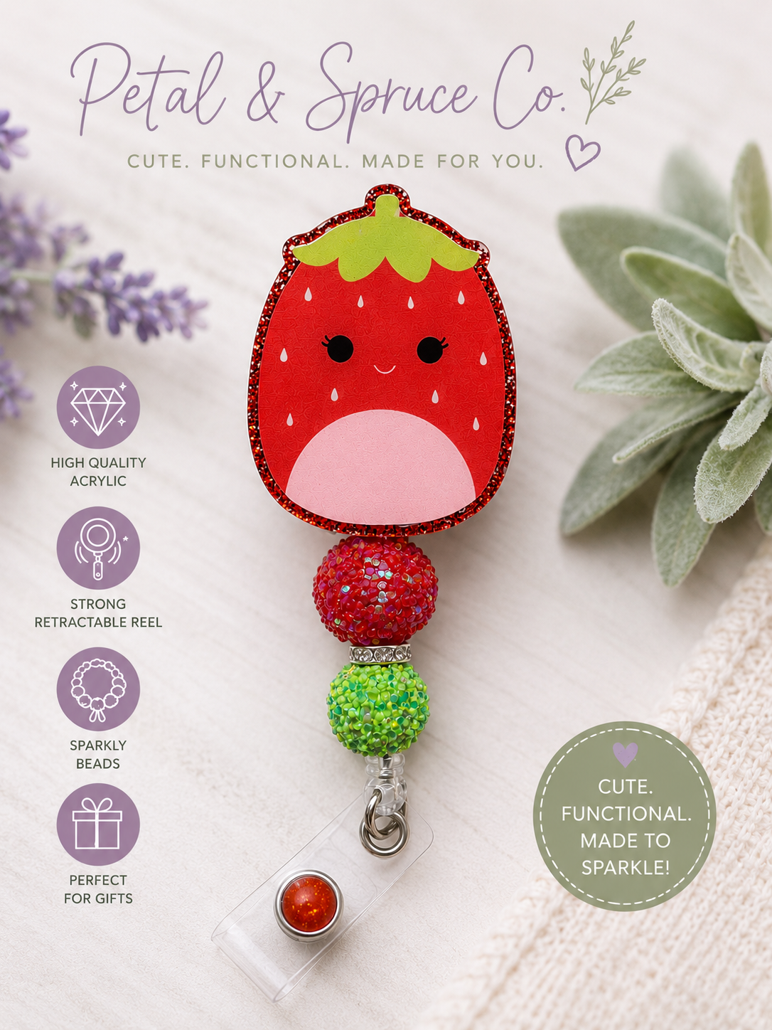 Sweet Strawberry Beaded Badge Reel