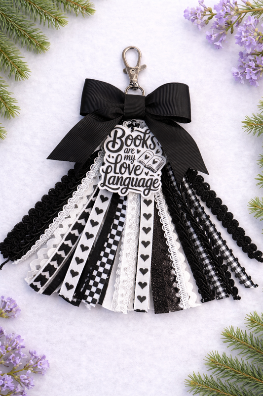 Books Are My Love Language Keychain | Black & White Tassel Charm | Book Lover Gift | Dark Academia Aesthetic | Petal & Spruce