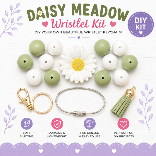 Daisy Meadow DIY Wristlet Kit | Silicone Bead Keychain Kit with Daisy Focal