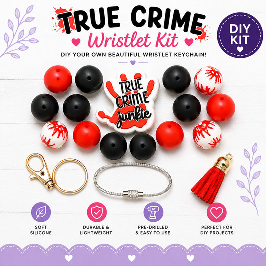 True Crime DIY Wristlet Kit | Red Black Silicone Bead Keychain Kit with Crime Theme Focal
